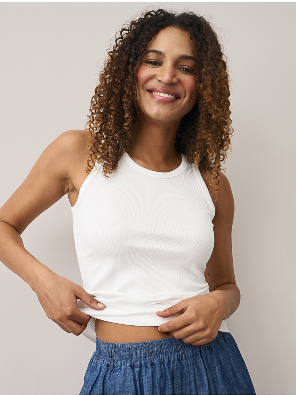 0039 Italy Women's White Ribbed “Ella” Tank - Classic Scoop Neck